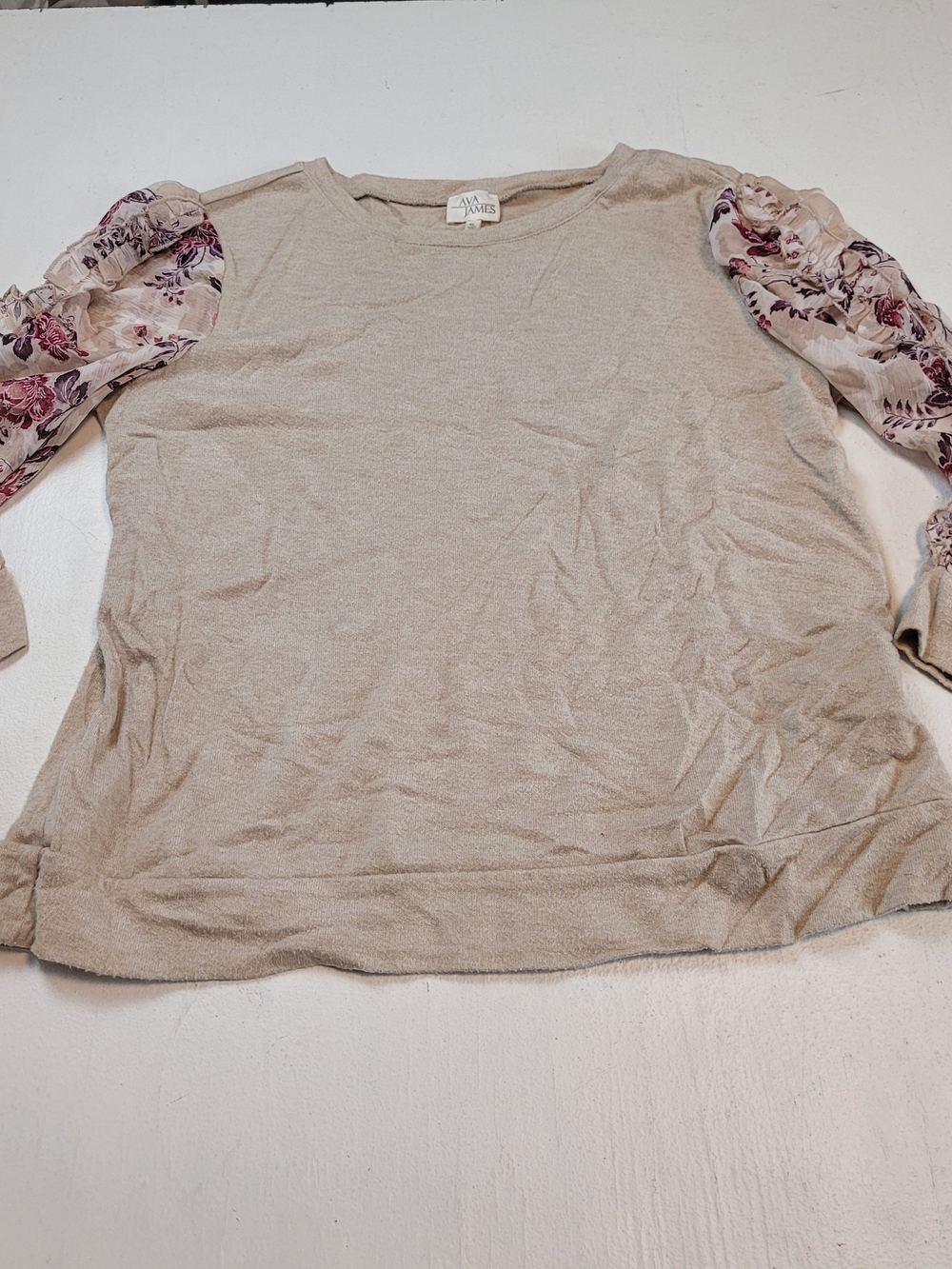 Women’s Cream Crewneck Sweater with Floral Puff Sleeves